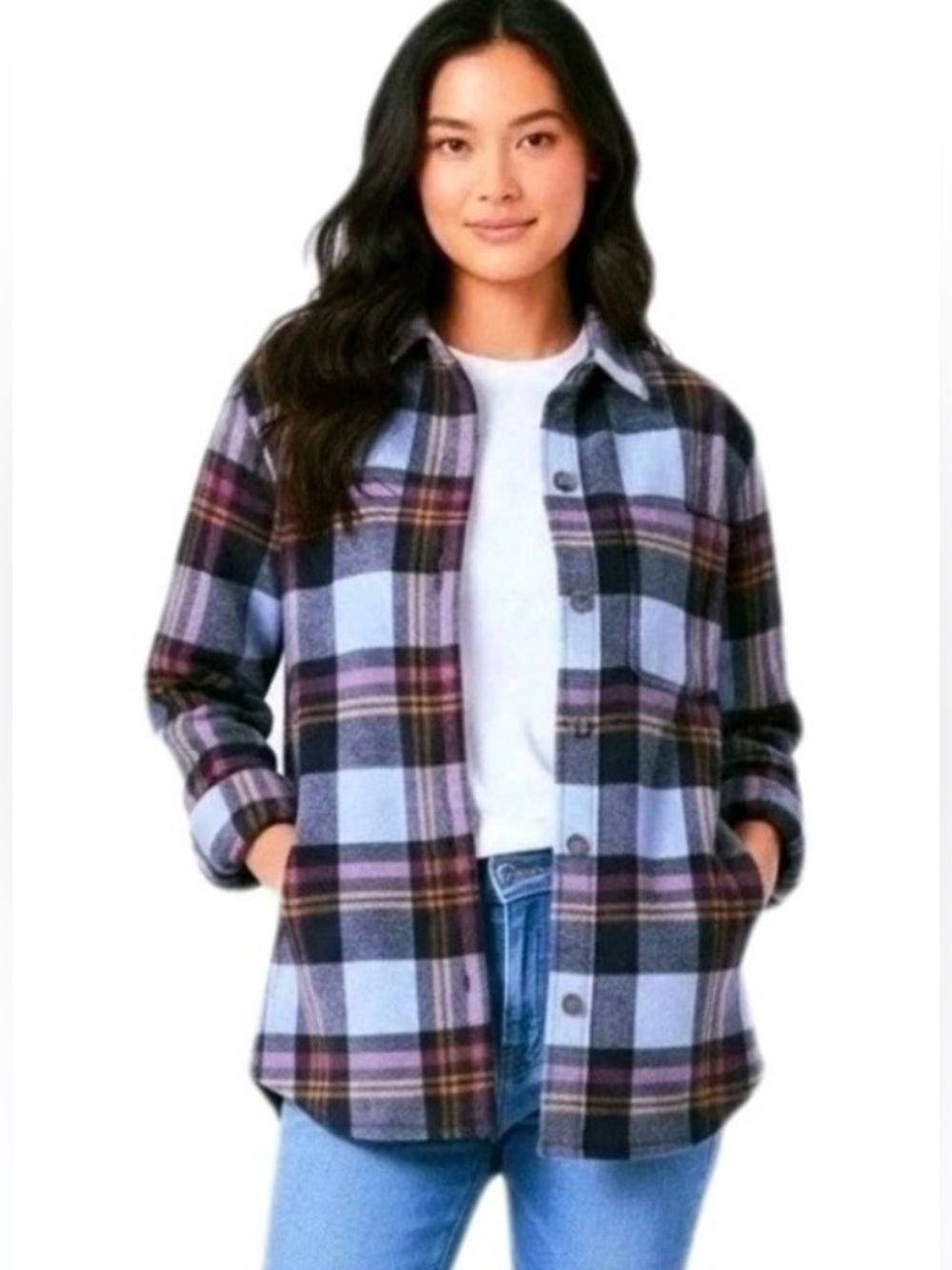 Eddie Bauer Women's Microfleece Button Up Flannel Shacket Blue Plaid NWOT